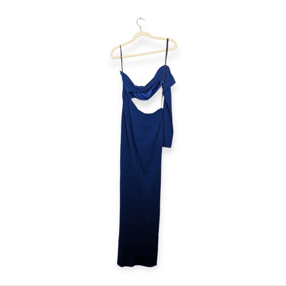 NWT Katie May Ocean Blue Cut Out Strapless One Sleeve Side Slit Maxi Dress Gown - Picture 2 of 9